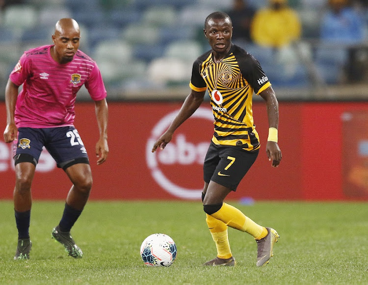 Lazarous Kambole of Kaizer Chiefs and Thabiso Mokoena of Black Leopards during the Absa Premiership match between Kaizer Chiefs and Black Leopards at Moses Mabhida Stadium on August 10, 2019 in Durban, South Africa.