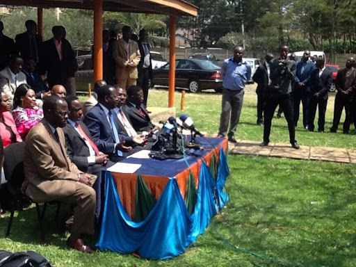 Cord leaders at a June 3, 2014, press conference in Orange House, Nairobi, where they elaborated on calls for national dialogue. Raila Odinga said they were calling for talks not to have Cord join government but ‘to provide Kenyans with a platform to discuss and resolve the following issues: security; corruption; national unity and constitutional inclusivity in public appointments and government; the IEBC, the electoral process and credibility of elections; and the restructuring of the provincial administration and devolution. /FILE