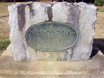 Hawthorne Trail Blazed 1818 Marked 1923 By Hawthorne Trail Chapter and Georgia Society, D.A.R. Plaque courtesy Lat34North.com. Original page, with additional info, here. Photo credit: Ken Moser.
