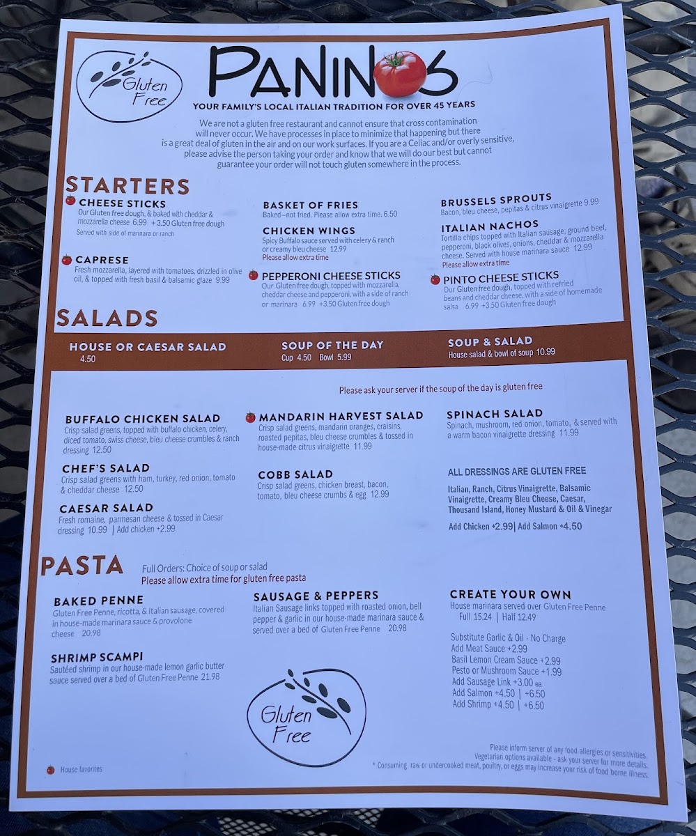 Panino's Restaurant gluten-free menu