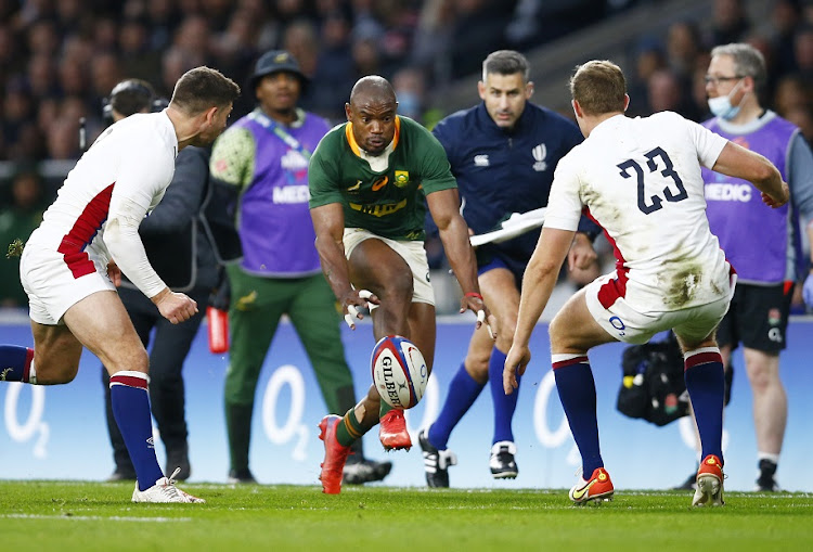 Makazole Mapimpi of South Africa during the 2021 Castle Lager Outgoing Tour match between England and South Africa at Twickenham Stadium on November 20, 2021 in London, England.