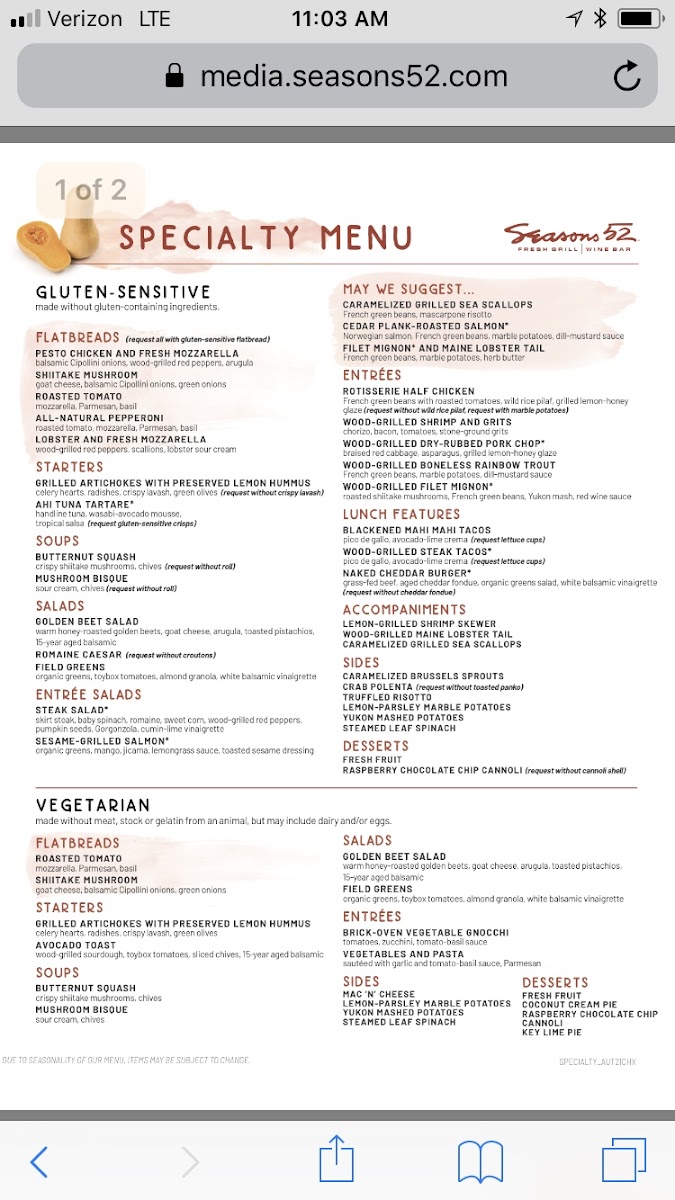 Separate menu for gluten free options. -Sydney