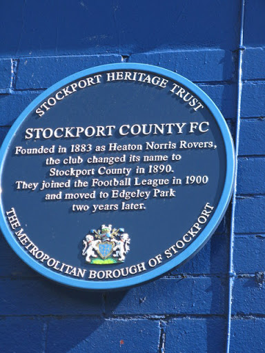 The blue plaque at Edgeley Park, Stockport. This is on the road side of the Hardcastle main stand, adjacent to the Players and officials entrance. © Copyright Dave Pickersgill and licensed for...