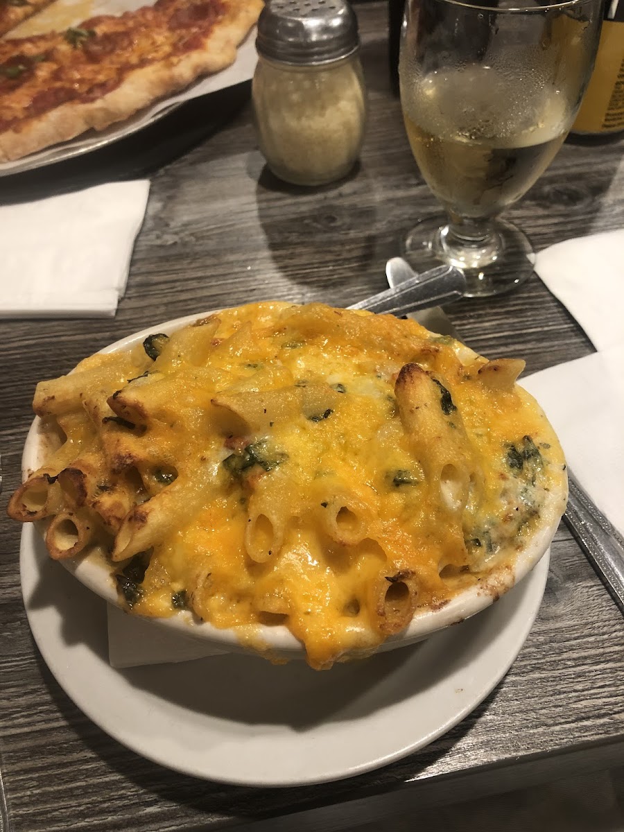 Mediterranean macaroni and cheese, with a glass of pear cider