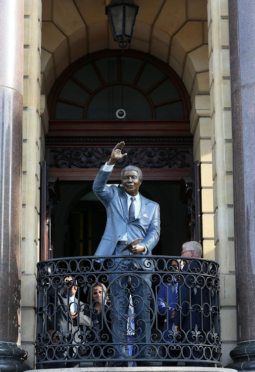 The statue of Nelson Mandela on the balcony at Cape Town City Hall after its unveiling on July 24 2018