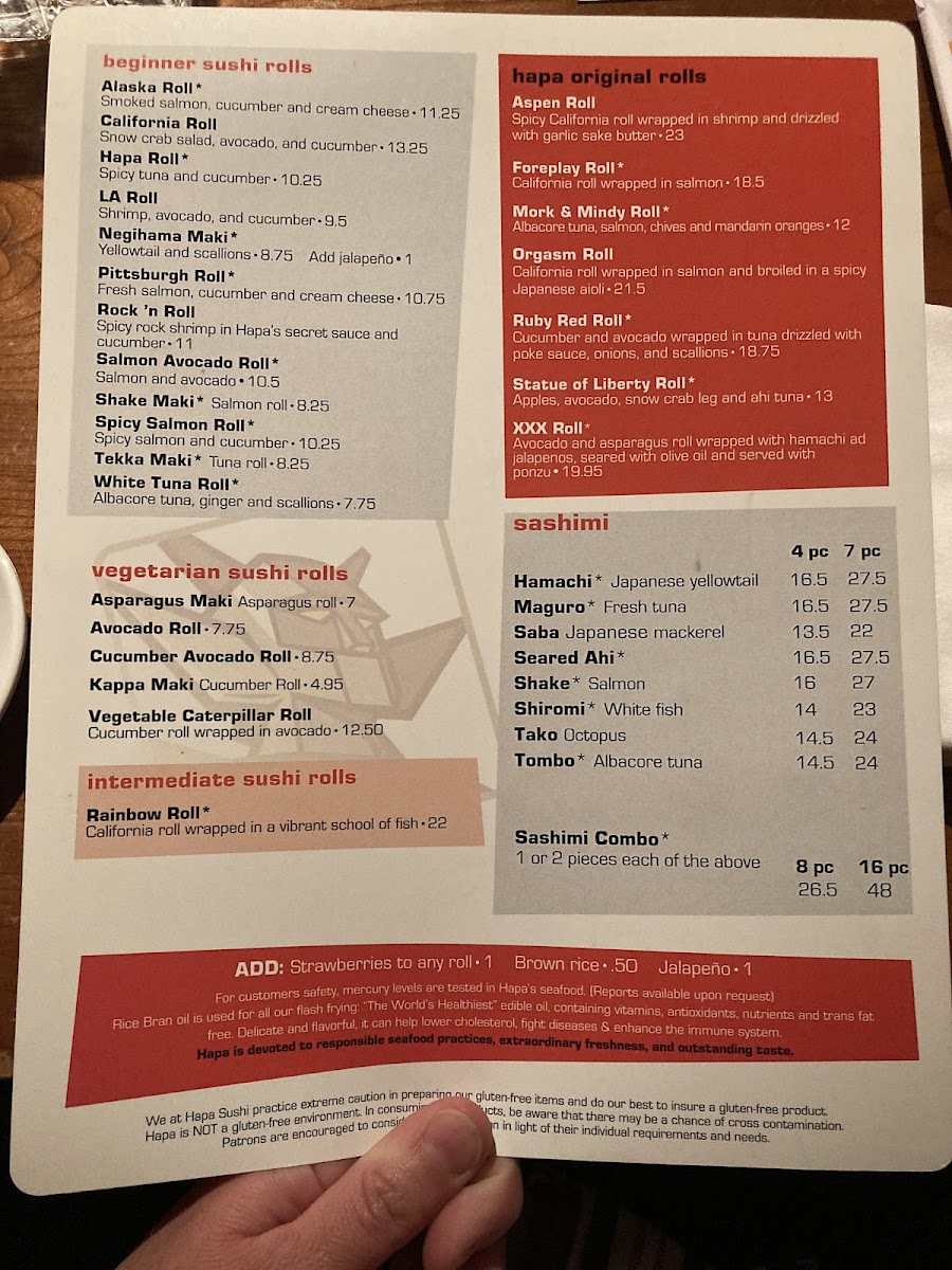 Hapa Sushi Grill and Sake Bar gluten-free menu