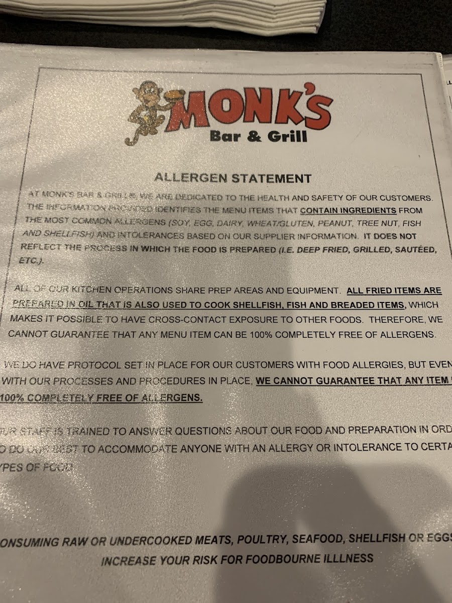 Monk's Bar & Grill at the Wilderness gluten-free menu