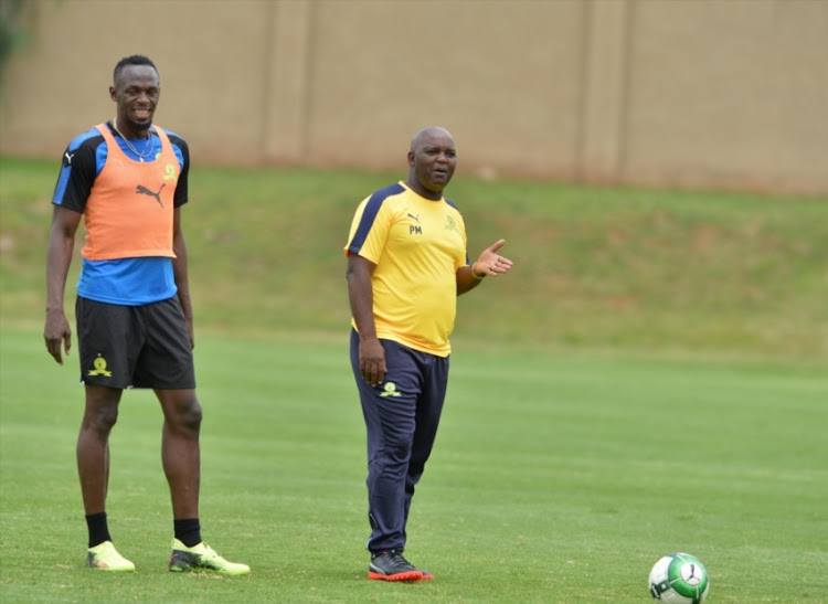 Usain Bolt with Pitso Mosimane during the Usain Bolt Visit to Mamelodi Sundowns Training Session at Chloorkop on January 29, 2018 in Pretoria.