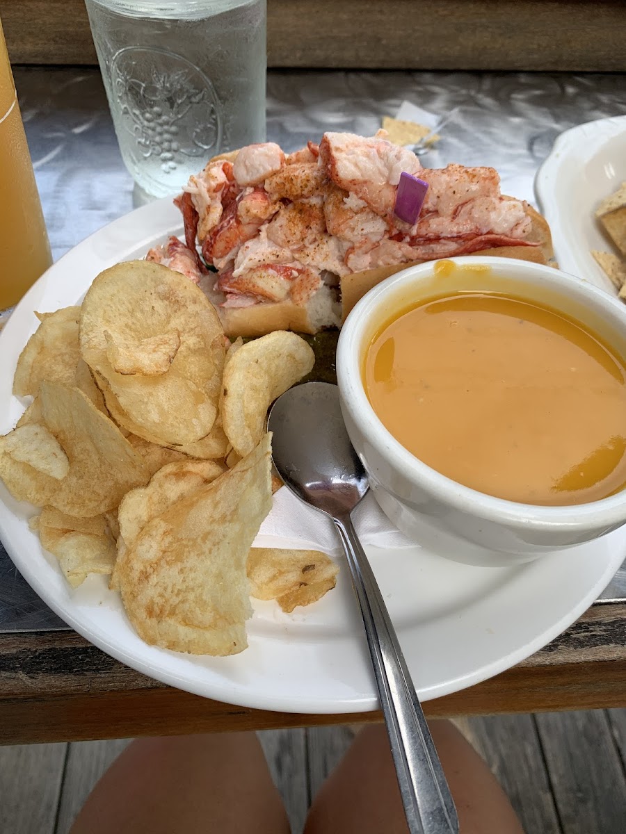 Lobstet Roll with GF bun and vegan sweet potato soup.