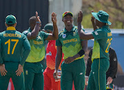 South Africa celebrating during the first Momentum ODI match between South Africa and Zimbabwe at Diamond Oval in Kimberley on 30 September 2018.