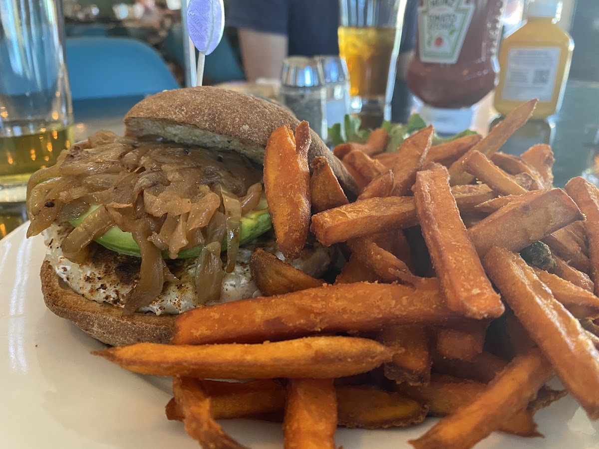 Delicious turkey burger and sweet potato fries
