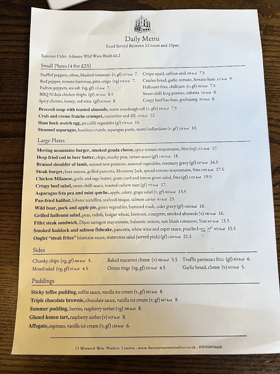 Queens Arms gluten-free menu