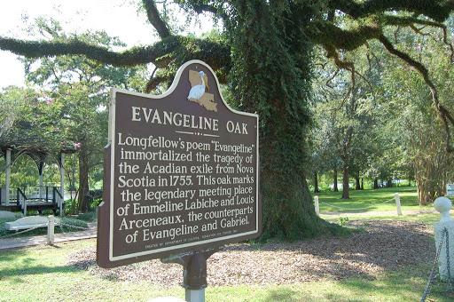  Longfellow's poem "Evangeline" immortalized the tragedy of the Acadian exile from Nova Scotia in 1755. This oak marks the legendary meeting place of Emmeline Labiche and Louis Arceneaux, the...
