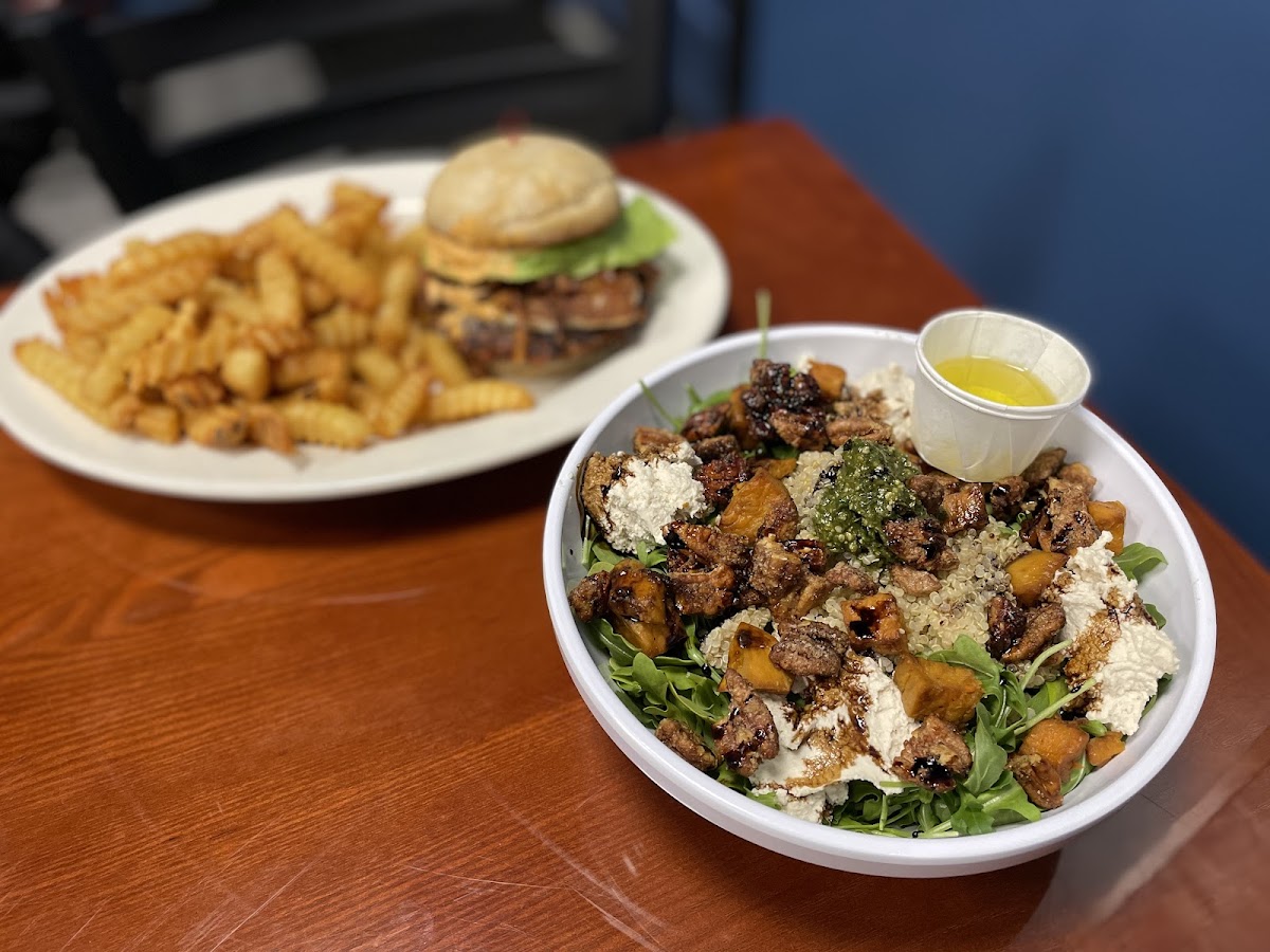 Tower Burger w/ GF bun and Wild Grain Bowl