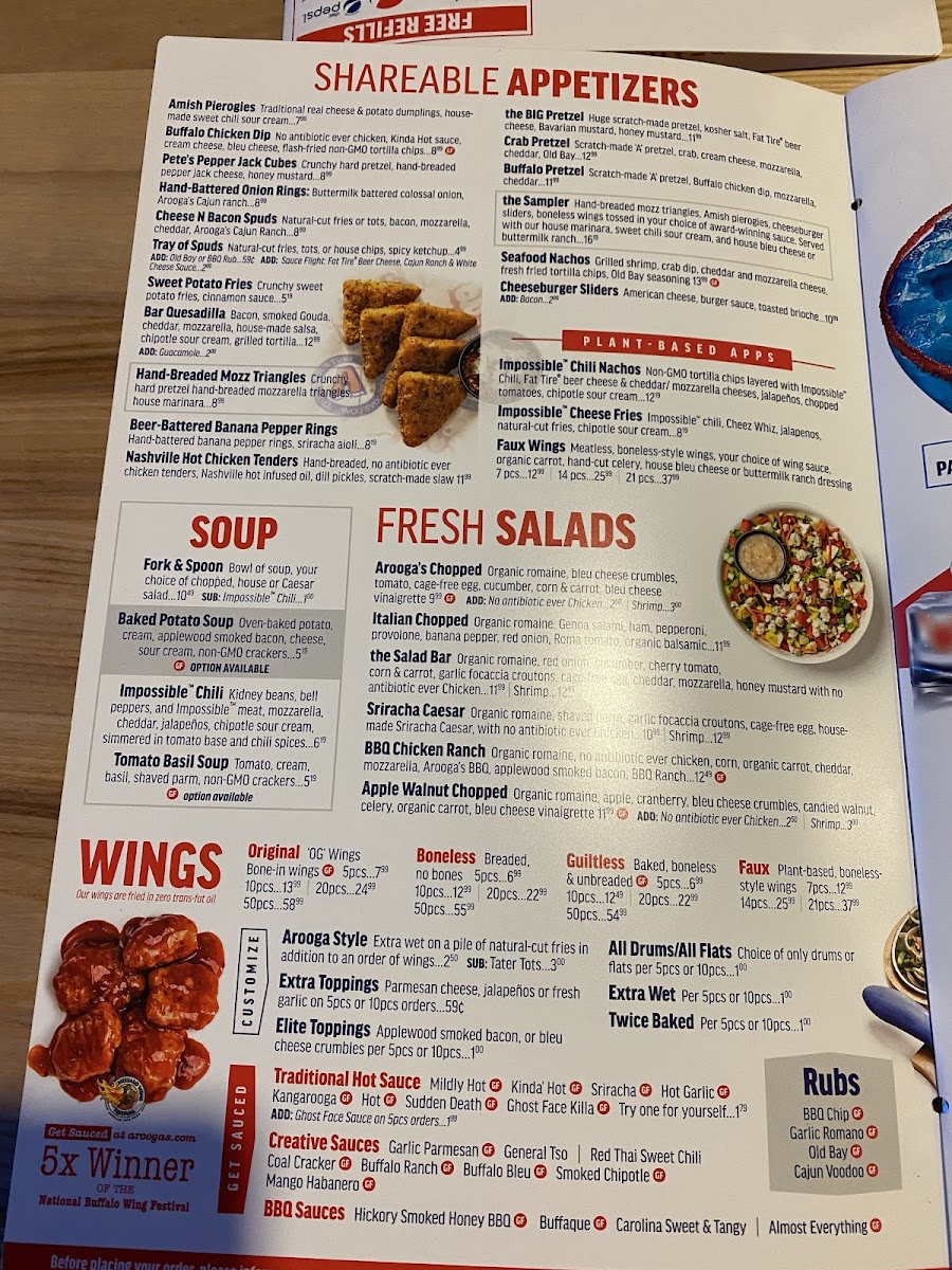 Arooga's gluten-free menu