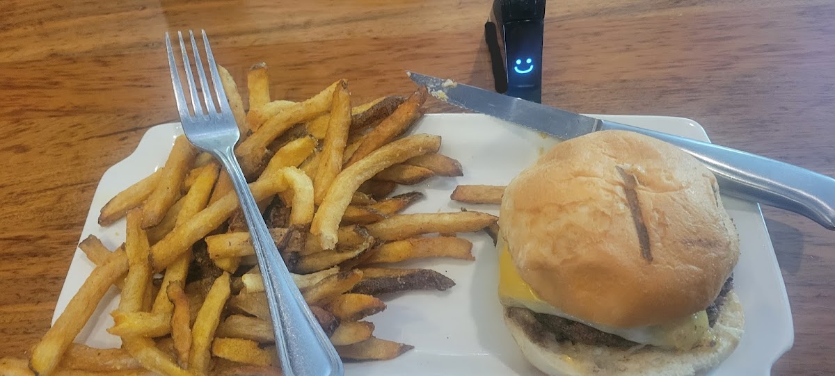 Garlic Three Cheese Burger with fries. Everything tested NIMA safe.