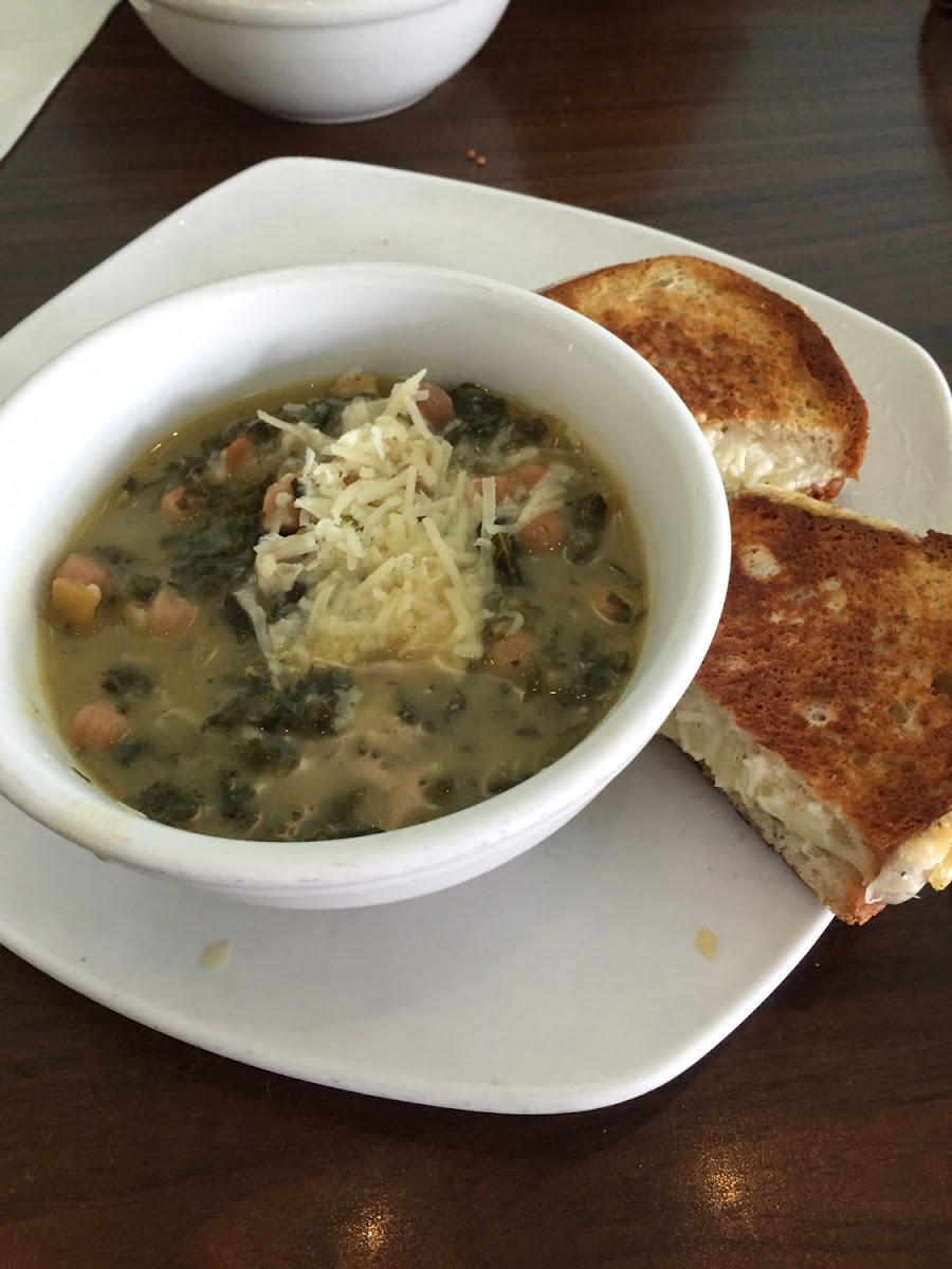 Gluten free 3 cheese panini and chickpea/kale soup