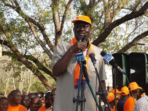 ODM leader Raila Odinga addresses a public rally at Kinango Baraza Park in Kwale county, September 22, 2016. /ALLOYS MUSYOKA