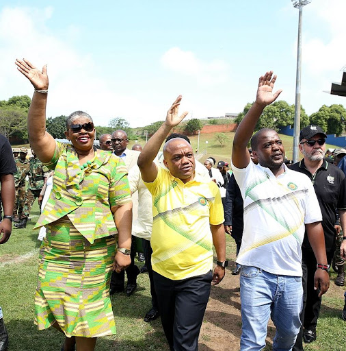 ANC Regional chair Zandile Gumede, ANC Provincial Chairperson Sihle Zikalala and ANCYL Provincial Secretary Thanduxolo Sabelo arriving at the 73rd ANCYL birthday celebration in King Zwelithini, Umlazi. Picture: THULI DLAMINI