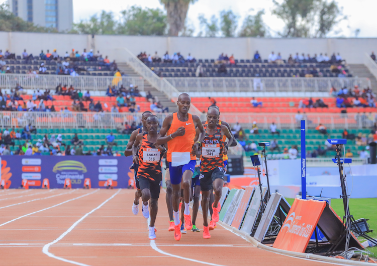 Male athletes during the Absa Kip Keino Classic sponsored by Absa Bank, at the Nyayo National Stadium on April 20, 2024.