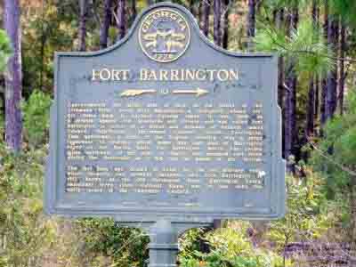 -- 10 --> Approximately ten miles west of here on the banks of the Altamaha River stood fort Barrington, a stronghold whose origin dates back to earliest Colonial times. It was built as a defense...