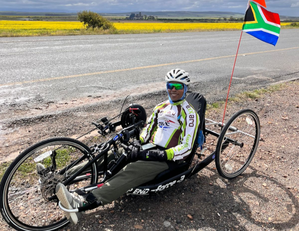 Vusi Marenene on his hand-cycle which he hopes to upgrade soon. Picture: NEELS TERBLANCHE