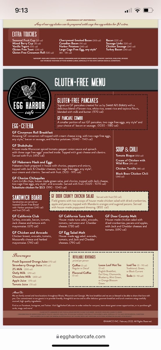 Egg Harbor Cafe gluten-free menu