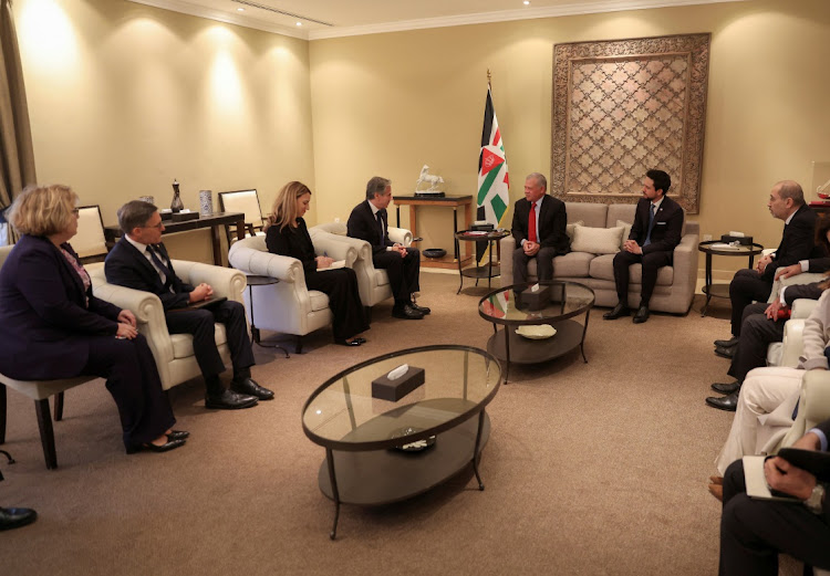 Jordan's King Abdullah, right, and Crown Prince Hussein meet US secretary of state Antony Blinken, centre, and officials in Amman, Jordan, January 7 2024. Picture: ROYAL HASHEMITE COURT/REUTERS