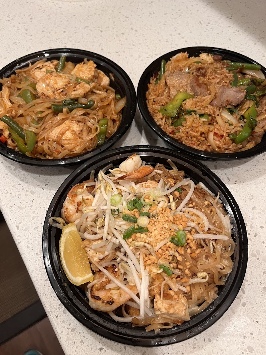 Pad Thai, Basil Fried Rice(back right) and Drunken noodles(back left)