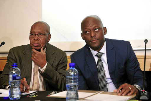 Joe Thloloe and SABC board chairperson Bongumusa Makhathini at a commission of inquiry into editorial interference at the public broadcaster./Veli Nhlapo