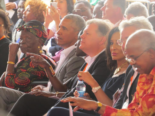 Former President Barack Obama and mama Sara Obama in Kogelo during the launch of Sauti Kuu foundation./LAMECK BARAZA