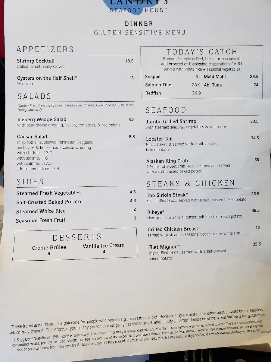 The gf menu from landrys at galveston