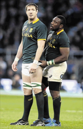 FAREWELL: Bakkies Botha, left, has played his last game for the Sprinboks. With him is Tendai Mtawarira Photo: steve haag/ gallo