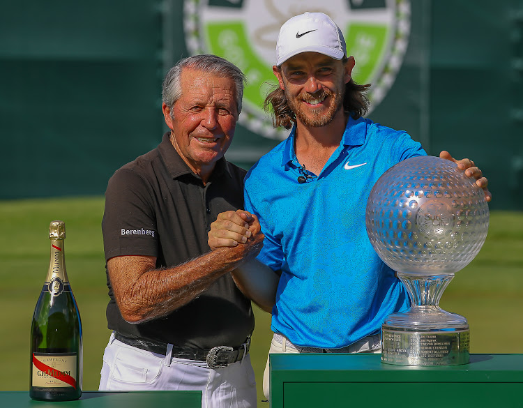 Tommy Fleetwood (R) of England with Gary Player (R) on November 17 2019.