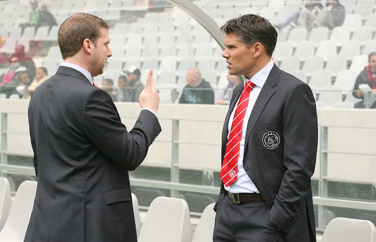 Maximilian Grunewald and Maarten Stekelenburg during the Absa Premiership match between Ajax Cape Town and University of Pretoria from Cape Town Stadium on September 29, 2012 in Cape Town, South Africa.