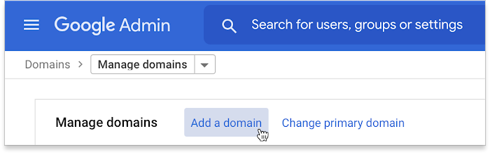 The manage domains page is shown with a mouse pointer highlighting the "add a domain" option.