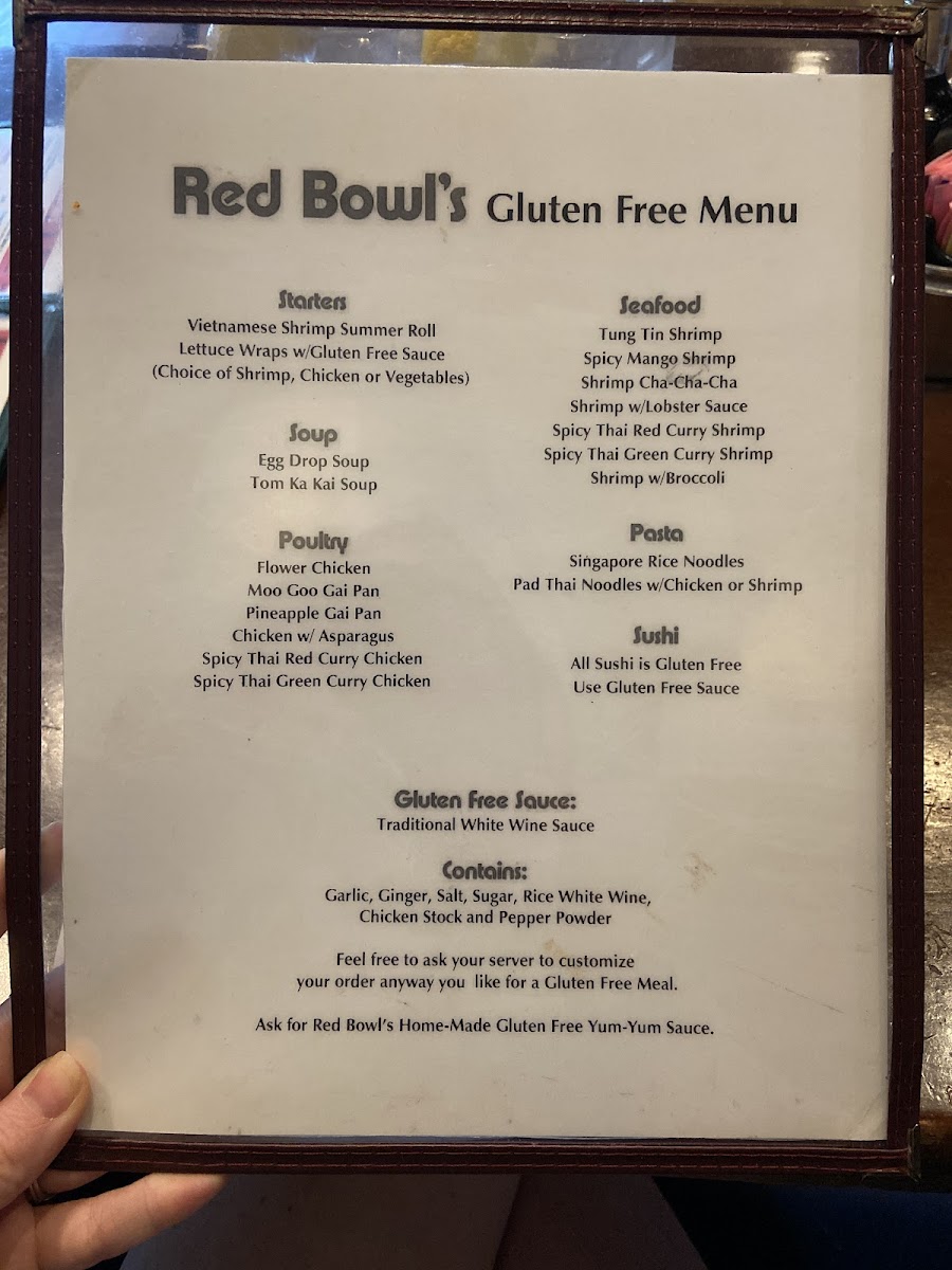 Red Bowl gluten-free menu