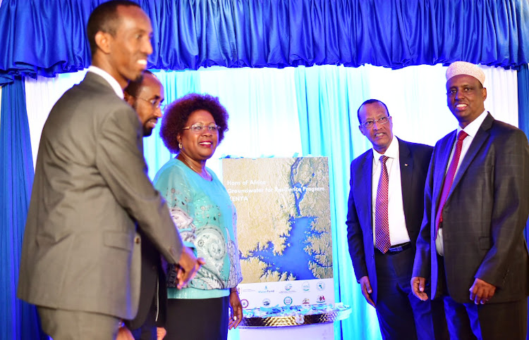 Governors Mohamed Khalif (Mandera), Wajiri’s Ahmed Abdullahi, Water CS Alice Wahome, governors Nathif Jama (Garissa) and Marsabit’s Mohamud Mohamed Ali after the launch of Horn of Africa Groundwater for resilience program in Nairobi on February 1, 2023 /KEITH MUSEKE