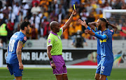 Thando Ndzandzeka, Match referee shows a yellow card to Taariq Fielies of Cape Town City during the Absa Premiership 2018/19 football match between Cape Town City FC and Kaizer Chiefs at Cape Town Stadium, Cape Town, 15 September 2018.