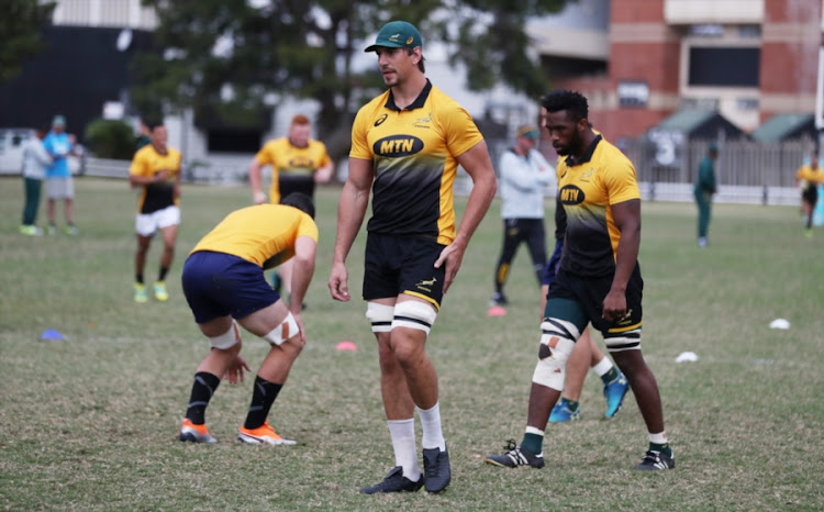 Eben Etzebeth (L) and his captain Siya Kolisi (R) during the South African national rugby team training session at Jonsson Kings Park on August 14, 2018 in Durban, South Africa.