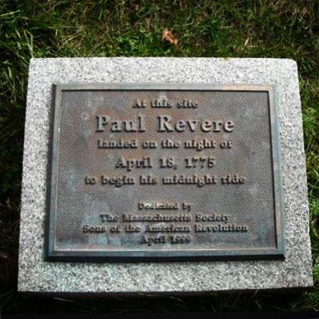 At this site Paul Revere landed on the night of April 18, 1775 to begin his midnight ride Dedicated by The Massachusetts Society Sons of the American Revolution April, 1999   [ Submitted by @RoadTripNE