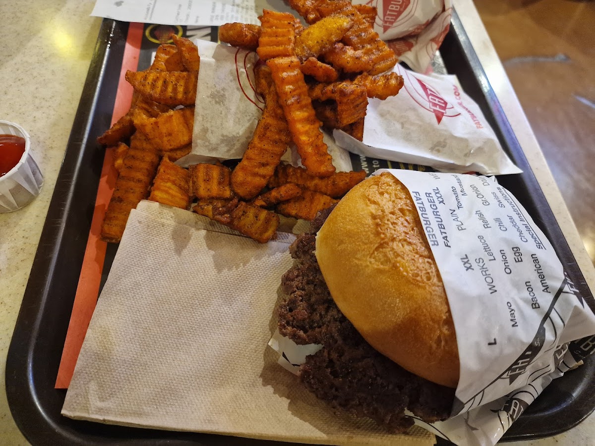 Plain GF King burger with sweet potato fries