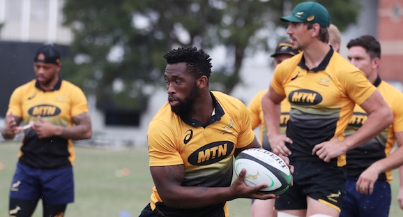 DURBAN, SOUTH AFRICA - AUGUST 14: Siya Kolisi (c) during the South African national rugby team training session at Jonsson Kings Park on August 14, 2018 in Durban, South Africa.