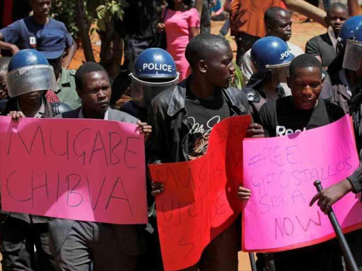 Police detain opposition party supporters holding placards during a court appearance of those arrested following Friday's protest march, in Harare, Zimbabwe, August 29, 2016. /REUTERS