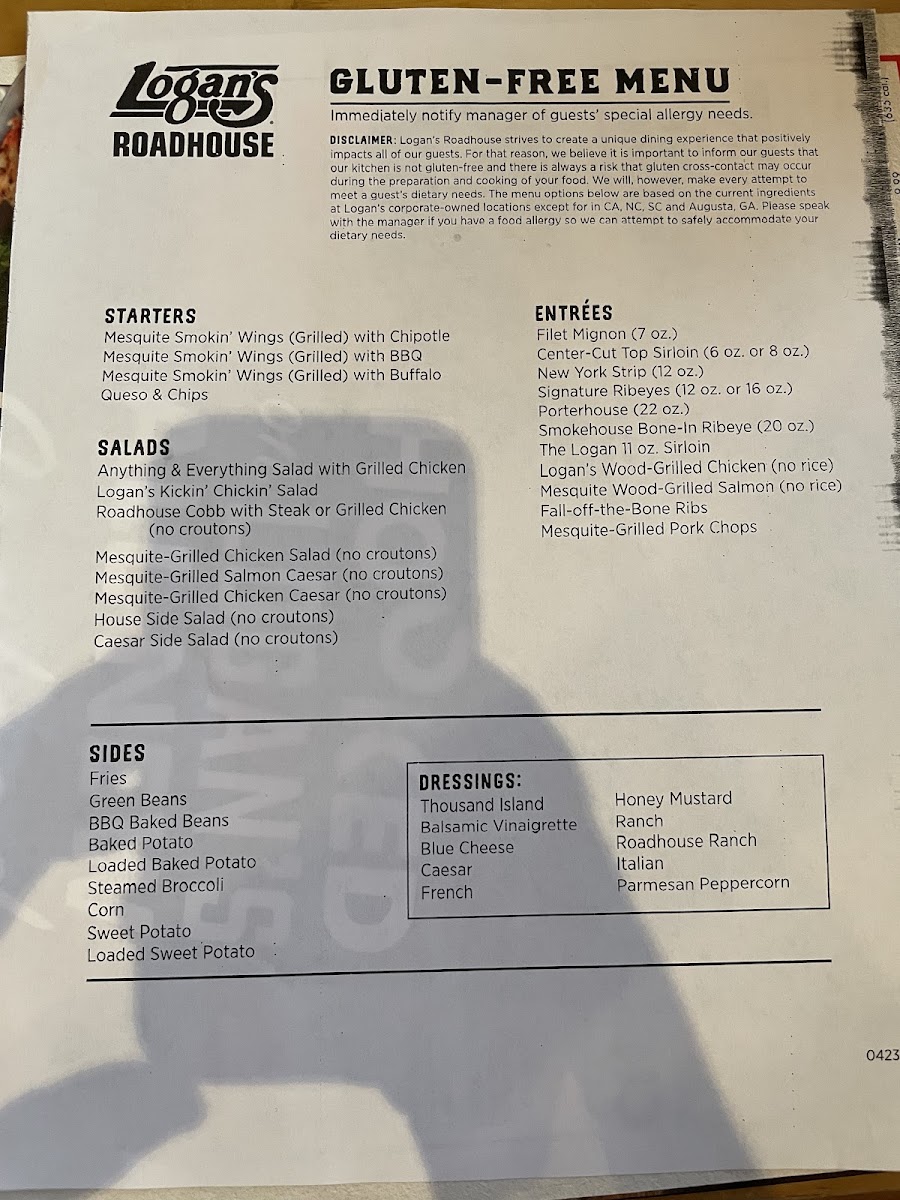 Gluten free menu