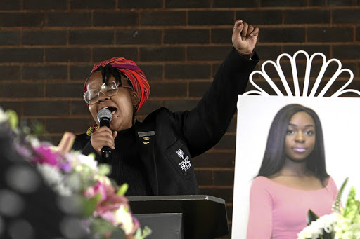 Rhodes student Nhlakanipho Mahlangu speaking at the funeral service of Khensani Maseko (insert).
