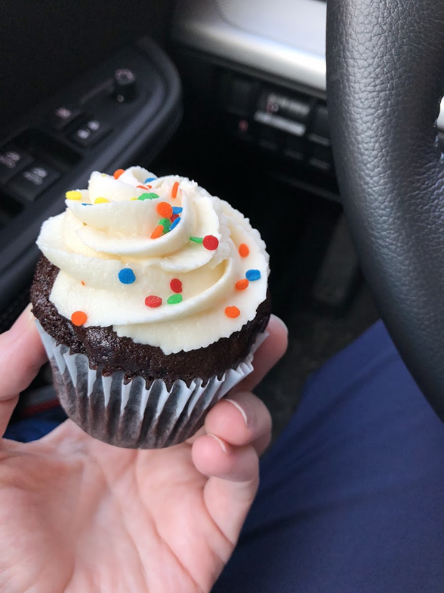 Lovely gf/vegan cupcake! They also sell gf chocolate chip sandwiches that were gorgeous, but not vegan. Not sure if those contain both dairy and eggs or just one.