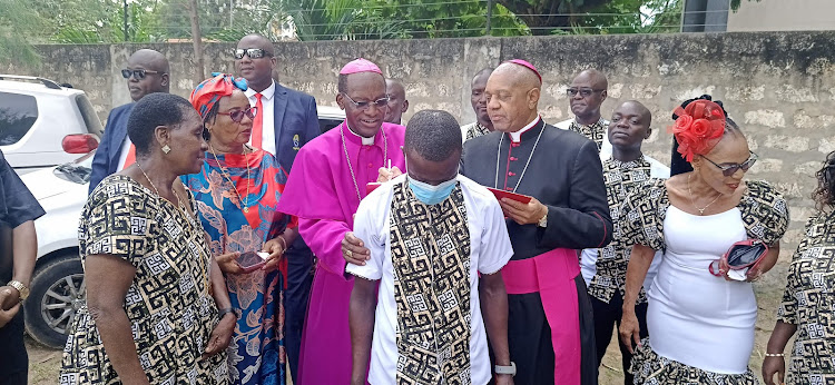 Mombasa Archbishop Martin Kivuva and his Malindi counterpart Bishop Willybard Lagho at St Joseph Catholic Church in Tudor, Mombasa on Sunday.