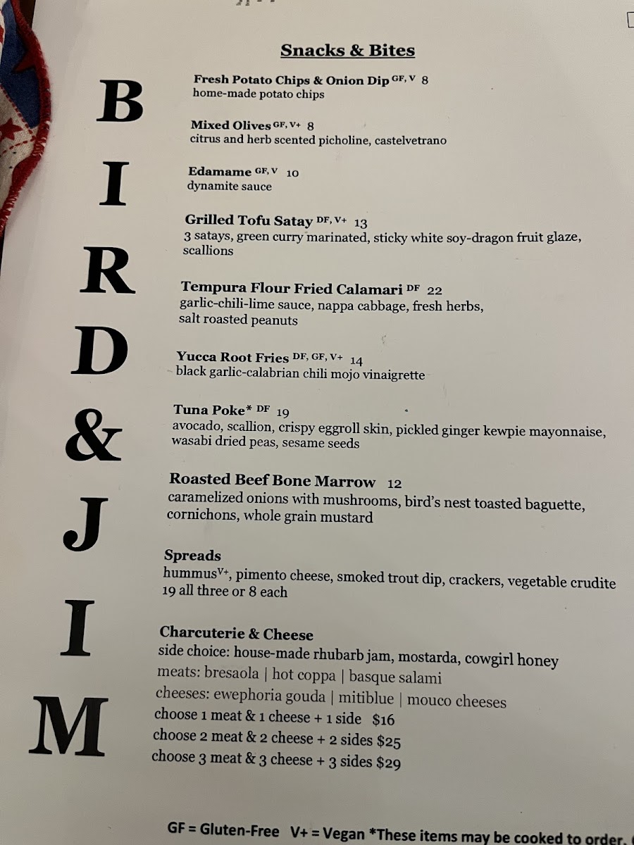 Bird & Jim gluten-free menu
