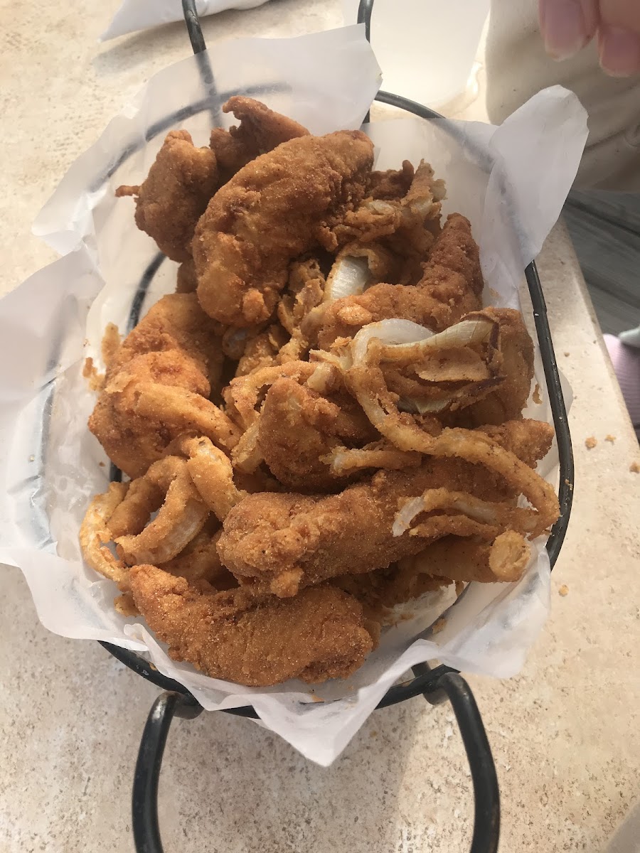 Chicken tenders and onion rings!